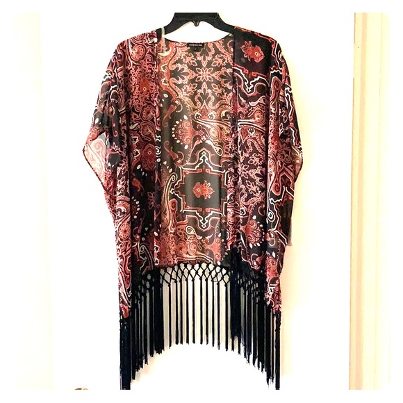 Tops - Black fringe kimono with pink and white detail